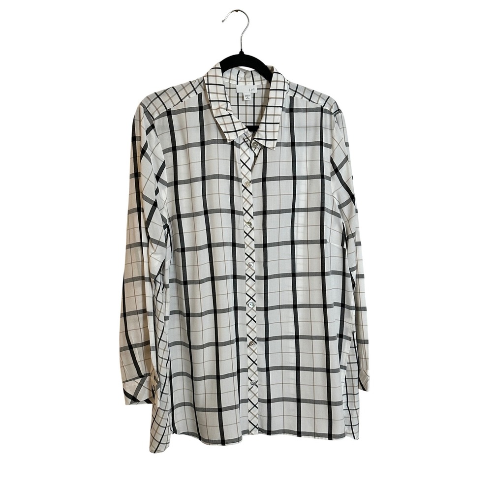 J. Jill Long Sleeve Shirt Size XL Petite Black White Tan‎ Windowpane Plaid NEW